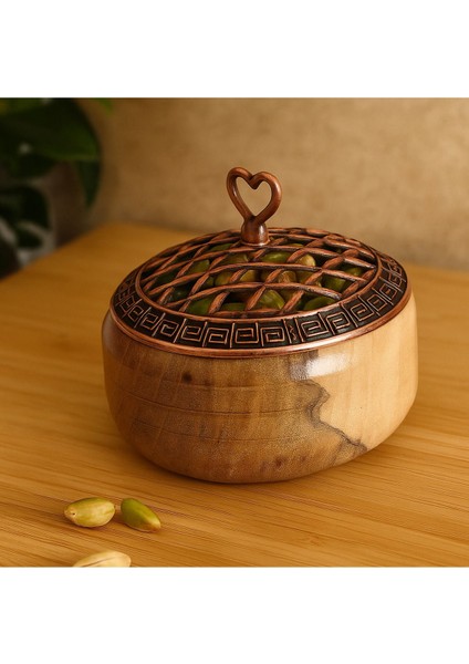 Renkli Ahşap ve Bakır Kapaklı Yuvarlak Sunumluk, 6'lı Set, 9,5cm Çap