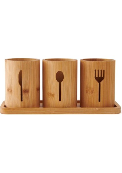 Bambu Altlıklı 3'lü Kaşık, Çatal, Bıçak Düzenleyici, Şık ve Kullanışlı Set