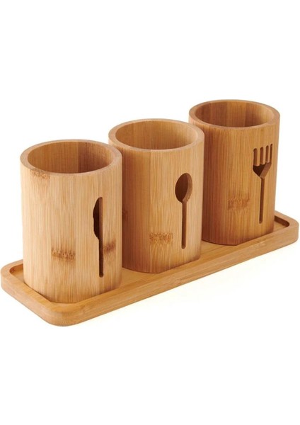 Bambu Altlıklı 3'lü Kaşık, Çatal, Bıçak Düzenleyici, Şık ve Kullanışlı Set modelleri