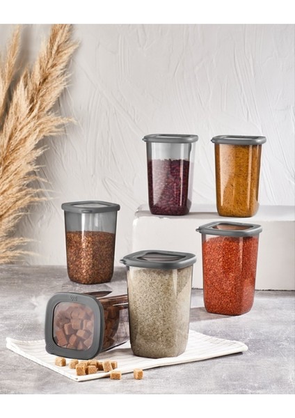 Füme Kare Saklama Kabı 6'lı 1200ML Set, Gri Erzak Kavanozları