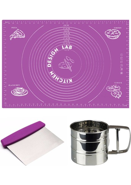 Mor Silikon Ölçülü Çok Amaçlı Hamur Açma Matı 45X65 Cm, Çelik Un Eleği ve Hamur Kesici