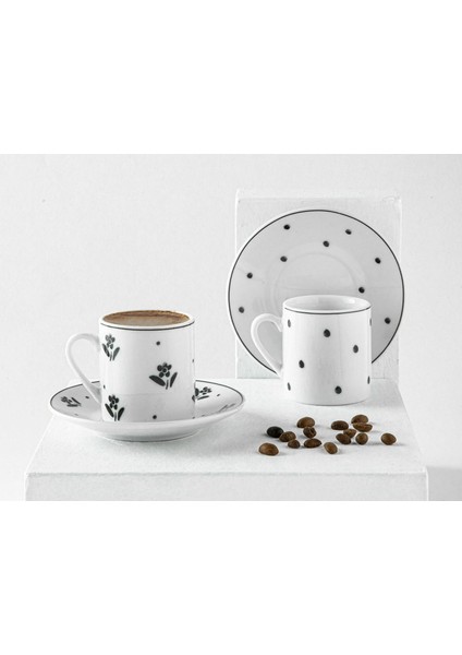 Şık 4'lü Porselen Kahve Fincan Takımı, 80 Ml, Siyah, 2 Kişilik