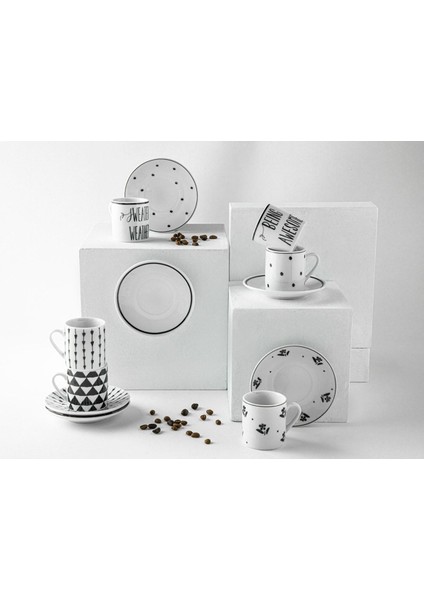 Şık 4'lü Porselen Kahve Fincan Takımı, 80 Ml, Siyah, 2 Kişilik modelleri