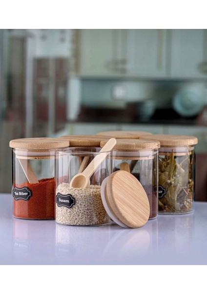 6’lı 250 ml Bambu Kapaklı Cam Baharatlık Seti, Şık ve Kullanışlı Baharat Düzenleyici