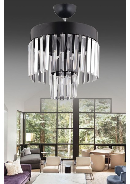 Modern 4'lü 2 Katlı Siyah Avize, Kristal Taş Detaylarıyla Şık ve Zarif Aydınlatma.
