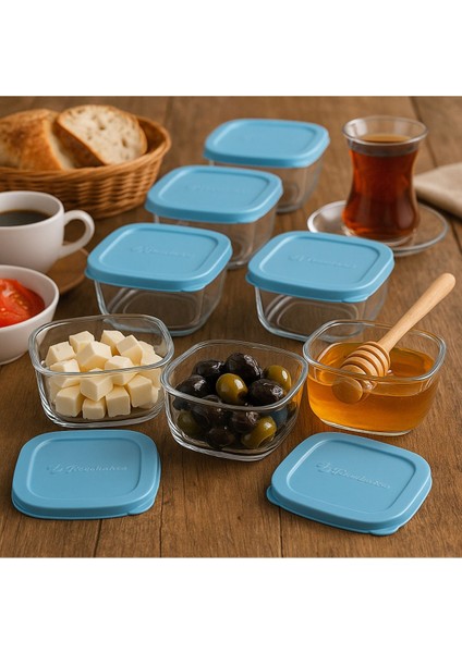 6’lı Cam Saklama Kabı Seti 275ML, Mavi Kapaklı, Gıda ve Kahvaltılık Saklama, Servis Kasesi