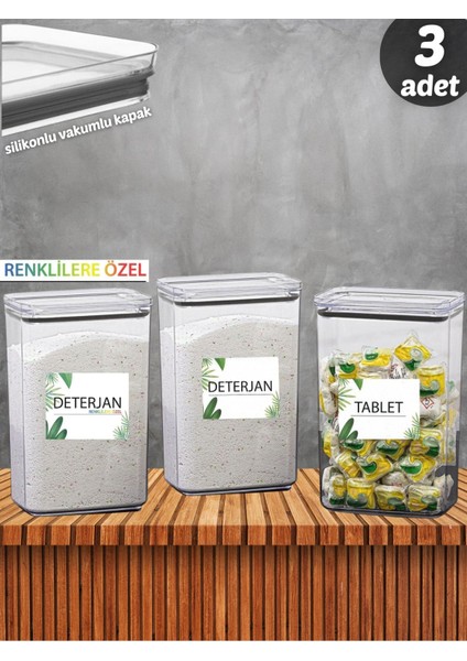 3'lü Beyaz Deterjan ve Tablet Saklama Kutusu, Vakum Kapaklı, Dekoratif Dikdörtgen