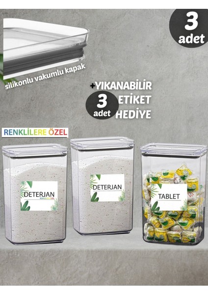 3'lü Beyaz Deterjan ve Tablet Saklama Kutusu, Vakum Kapaklı, Dekoratif Dikdörtgen modelleri