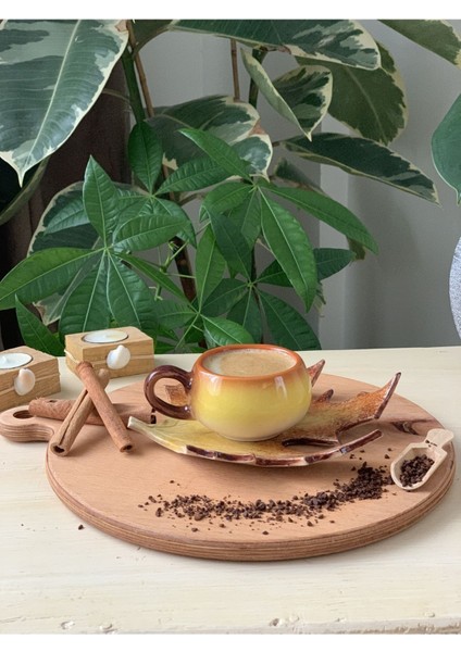 Şık Dekoratif Yaprak Figürlü Kahve Fincanı Seti, Tekli, Sarı Renk