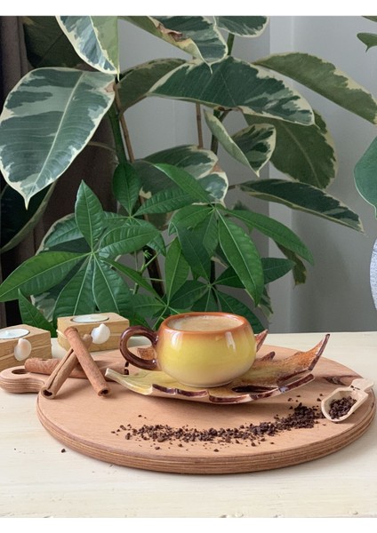 Şık Dekoratif Yaprak Figürlü Kahve Fincanı Seti, Tekli, Sarı Renk fiyatları