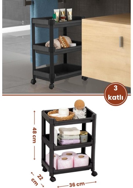 3 Katlı Tekerlekli Çok Amaçlı Organizer, Mutfak ve Banyo Için (22X36X48CM) Siyah