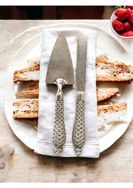 Modern 2'li Pasta Bıçak ve Spatula Seti, Döküm Metal, Kutulu, Hediyelik