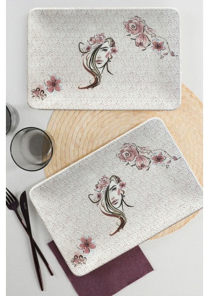 Girl Desenli Kayık Tabak 31X21 cm 2'li Set, Şık ve Kullanışlı Porselen Tabaklar