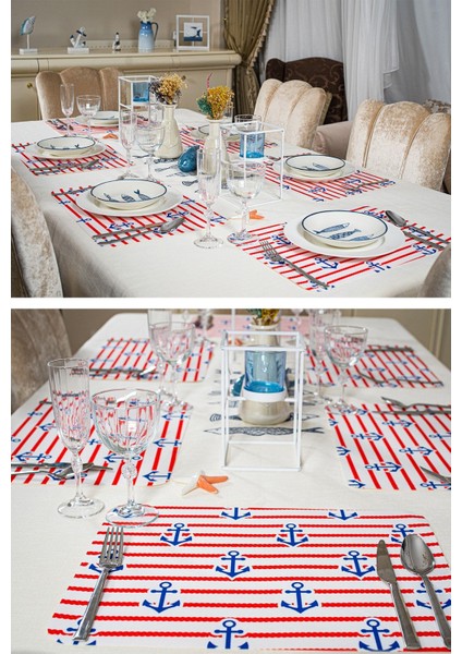 6 Parçalı Deniz Temalı Amerikan Servis Seti, Kırmızı Renkli, Şık ve Zarif Tasarım