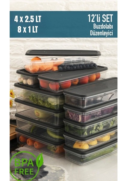 12'li Antrasit Kapaklı Saklama Kabı, Buzdolabı ve Mikrodalga Dostu, 18L