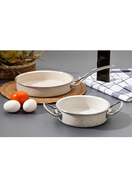 Bej Granit Yapışmaz Tabanlı Ikili Tava Seti, Dayanıklı ve Şık Mutfak Gereçleri