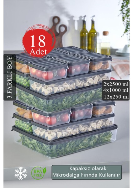 Çoklu Saklama Kabı Seti, Mikrodalga Uyumlu, Çeşitli Boyutlar, Gri Renk