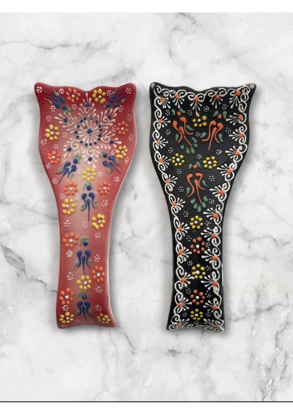 El Yapımı Seramik Dekoratif Kaşıklık ve Kepçe Altlığı, Kırmızı Renkli