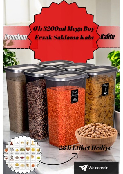 6'lı 3200ML Mega Boy Dikdörtgen Saklama Kabı Çeyiz Seti 28 Etiket Hediye