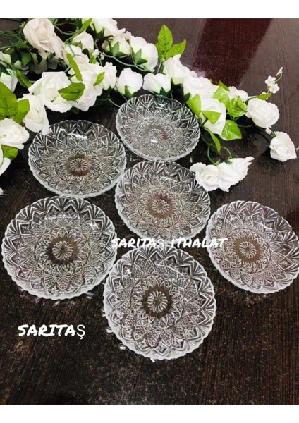 6'lı Beyaz Kristal Cam Tatlı ve Çerez Tabağı, 12 Cm, Şık ve Dayanıklı Set