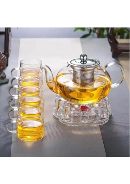 Borosilikat Çaydanlık Takımı 7 Parça 800ML Demlik ve 6 Fincan 120ML Beyaz