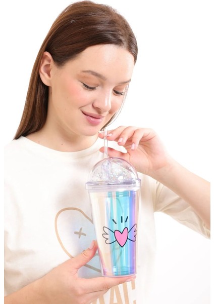 LED Işıklı Kalp Temalı Figürlü Mika Pipetli 450 ml Bardak Beyaz modelleri