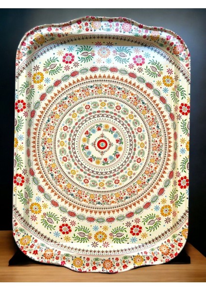 Kilim Desenli Metal Çay Tepsisi, 32X22CM, Şık ve Dayanıklı Sunum Tepsisi