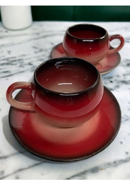 Kırmızı Siyah Dekoratif Çay Kahve Fincan Seti 2 Kişilik Şık Tasarım