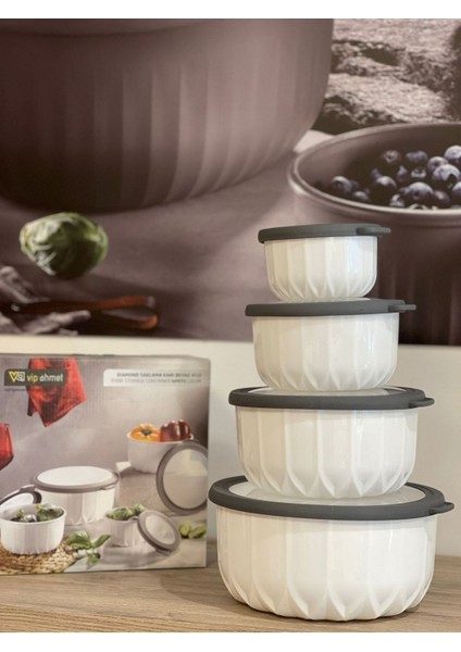 Beyaz 4'lü Diamond Saklama Kabı - Şık ve Fonksiyonel Mutfak Çözümü