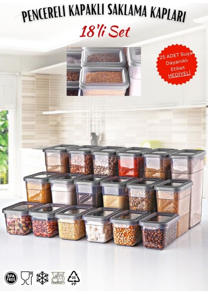 18'li Pencere Kapaklı Saklama Kabı Seti, Çeşitli Boyutlar, Gri Renkli, Pratik ve Şık Kullanım