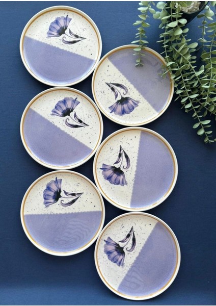 Mor Gelincik Desenli 6'lı Servis/pasta Tabağı Takımı