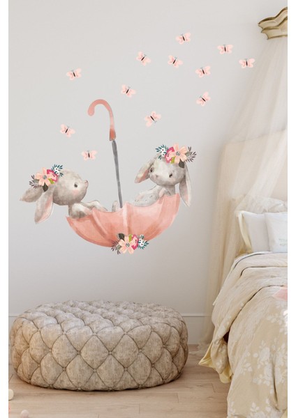 Sevimli Tavşanlar ve Pembe Şemsiye Duvar Sticker Seti, 50 Cm, Huzurlu Dekorasyon