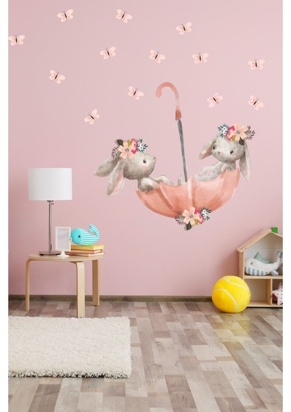 Sevimli Tavşanlar ve Pembe Şemsiye Duvar Sticker Seti, 50 Cm, Huzurlu Dekorasyon modelleri