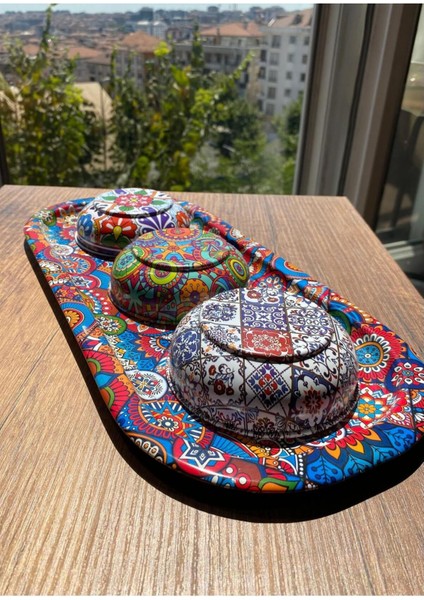 Renkli Metal Desenli 3'lü Kase Seti, Sunum ve Çerezlik Için Şık Tasarım
