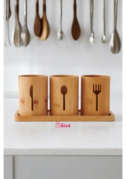 Bambu 4'lü Kaşıklık Seti, Tezgah Üstü Düzenleyici, Kahverengi