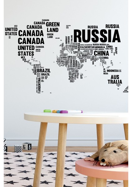 Beyaz Dünya Haritası, Ülke Isimleri Yazılı, Öğrenmeye ve Dekorasyona Uygun