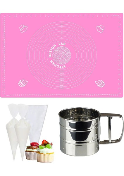 Pembe Silikon Hamur Açma Matı, Çelik Un Eleği ve Kullan At Krema Sıkma Torbası Seti