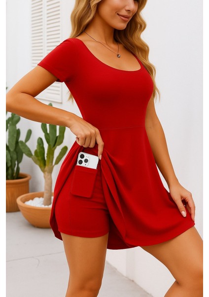 Kadın Kısa Kollu Kare Yaka Short Detaylı Cepli Dalgıç Elbise