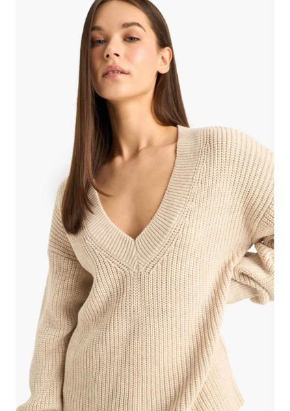 Oversize Geniş Kalıp V Yaka Triko Kazak Z7135AZ25WN