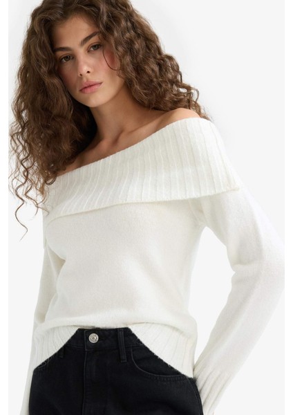 Slim Fit Dar Kesim Açık Omuz Triko Kazak E8345AX25WN