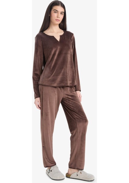 Pijama Takımı Regular Fit Uzun Kollu Velur Üst Uzun Alt-Fall in Love A3356AX25AU