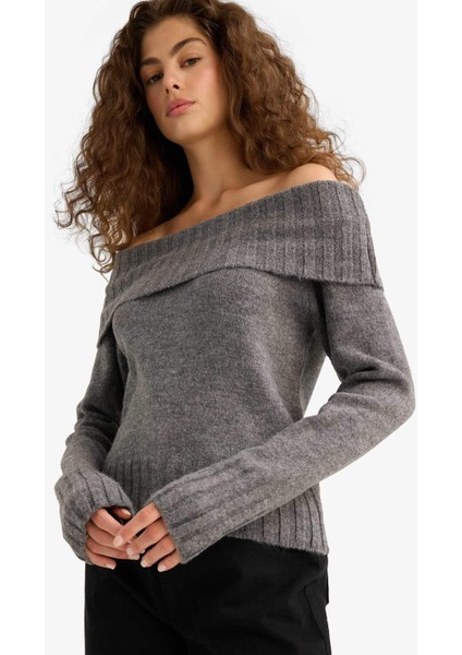 Slim Fit Dar Kesim Açık Omuz Triko Kazak E8345AX25WN