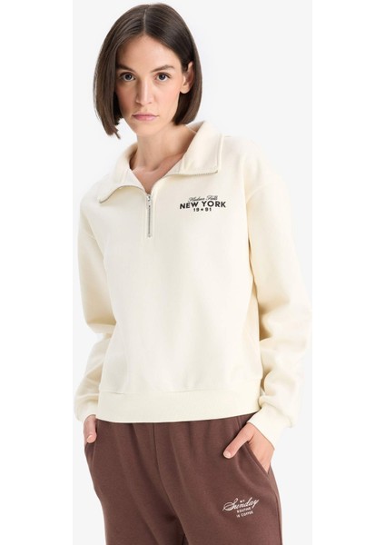 Regular Fit Yarım Fermuarlı Baskılı Kalın Sweatshirt F1066AX25AU