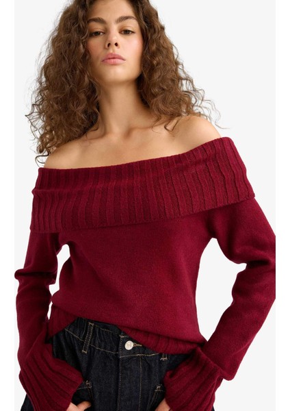 Slim Fit Dar Kesim Açık Omuz Triko Kazak E8345AX25WN