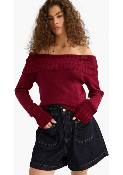 Slim Fit Dar Kesim Açık Omuz Triko Kazak E8345AX25WN indirimleri