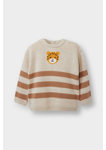 Erkek Bebek Bisiklet Yaka Kaplan Baskılı Çizgili Triko Kazak F2582A525AU