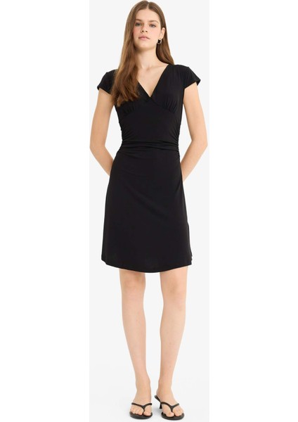 V Yaka Kısa Kollu Mini Elbise G0360AX25HS