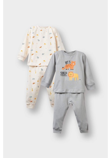 Erkek Bebek 4'lü Pijama Takımı Safari Baskılı Uzun Kollu Penye Üst Uzun Alt F7197A525AU