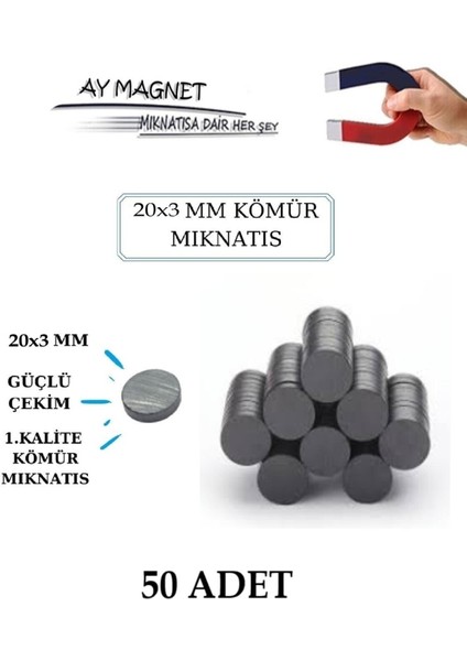 50 Adet 20X3 Yuvarlak Kömür Mıknatıs, Süsleme ve Nişan Için Uygun, Siyah Renkli