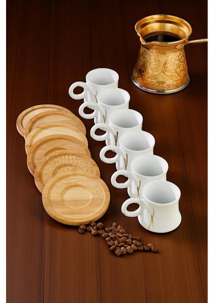 6 Kişilik Şık Fincan Takımı, Bambu Tabaklı, Beyaz Renkli, Modern ve Zarif Tasarım